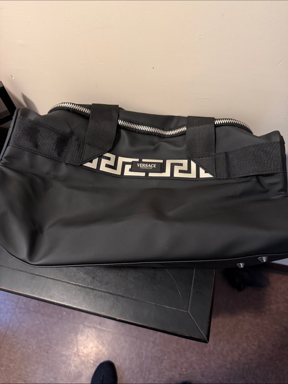 Versace Black Duffel with Cream Greek Key Accent